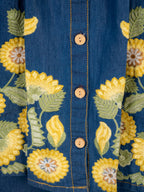Blue Denim Co-Ord Set with Yellow Floral Embroidery | Stylish Button-Down Tunic Top & Wide-Leg Pants
