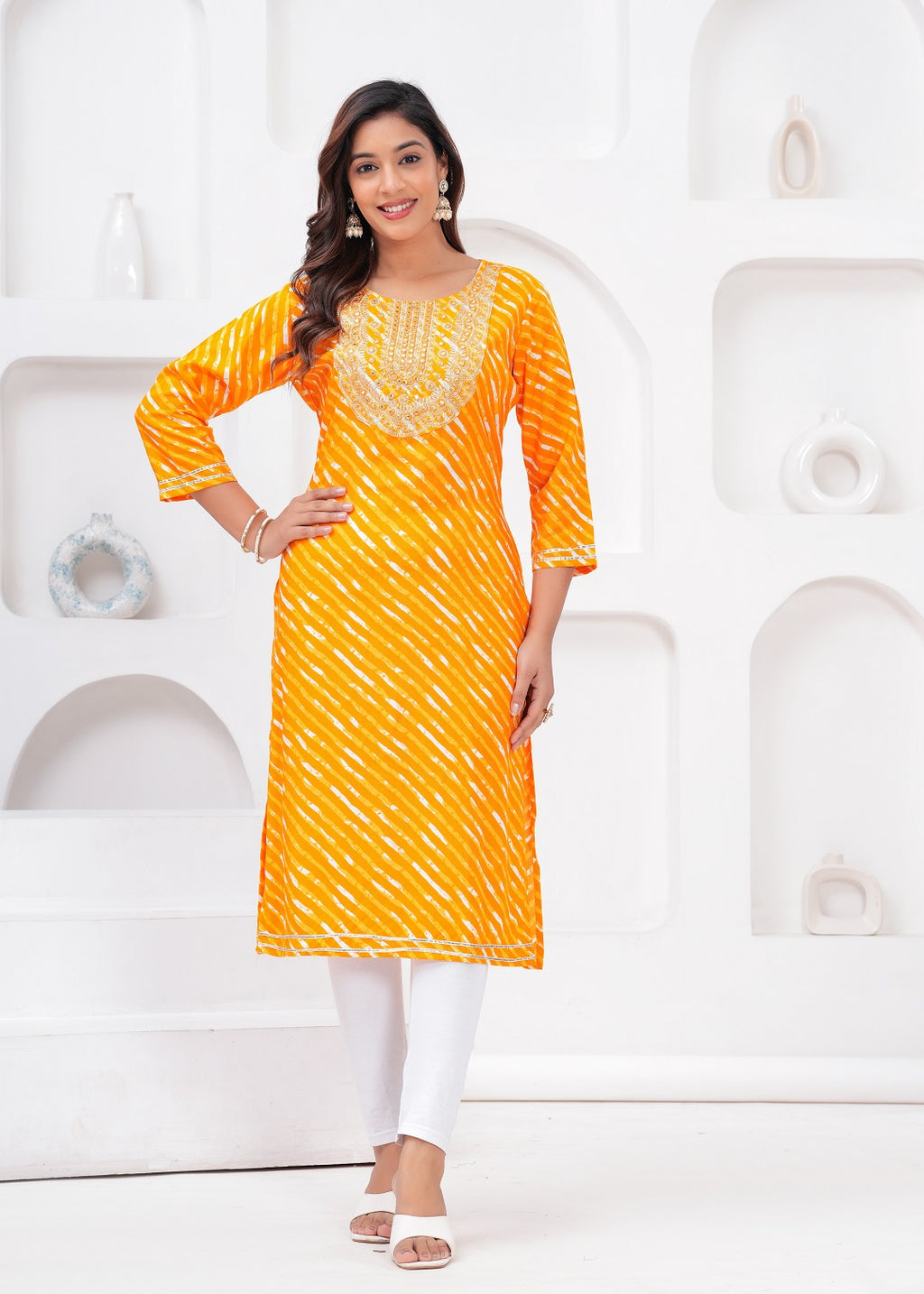 Women’s Mustard Mustard Leheriya Printed & Striped Rayon Straight Kurti