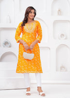 Women’s Mustard Mustard Leheriya Printed & Striped Rayon Straight Kurti