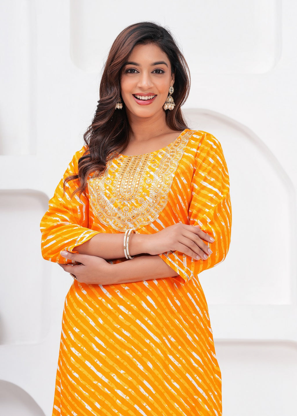 Women’s Mustard Mustard Leheriya Printed & Striped Rayon Straight Kurti