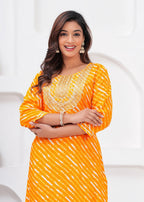 Women’s Mustard Mustard Leheriya Printed & Striped Rayon Straight Kurti