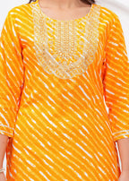 Women’s Mustard Mustard Leheriya Printed & Striped Rayon Straight Kurti